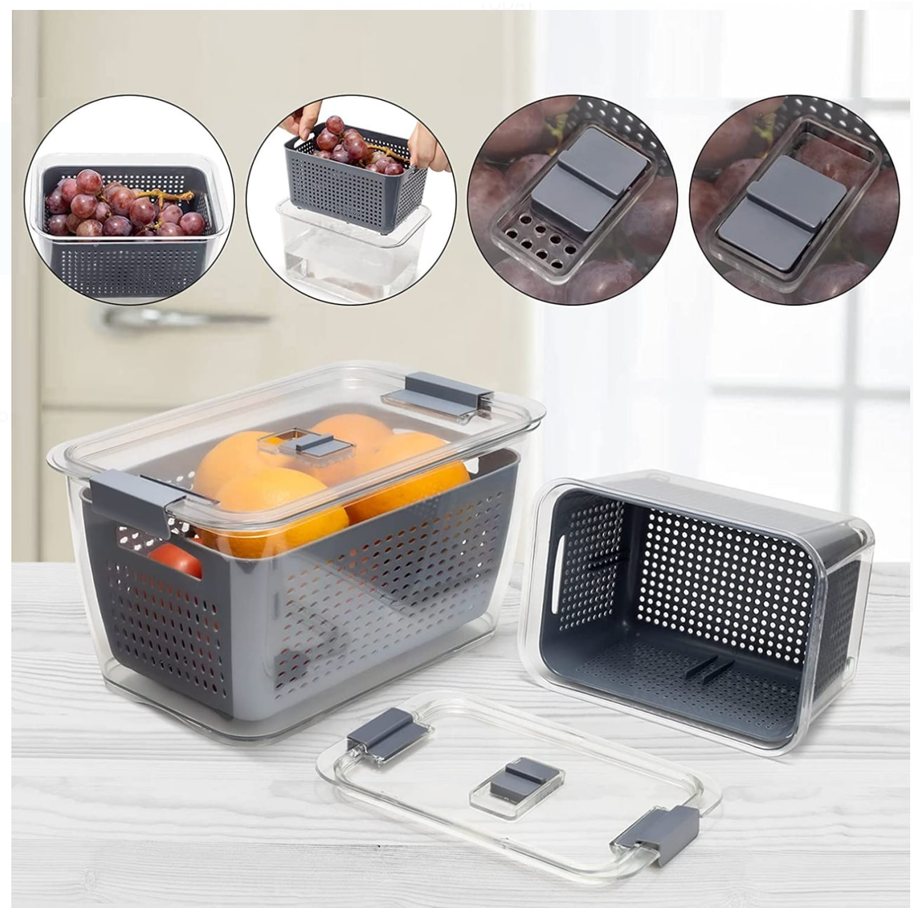 Kitchen Rani Freshkeeper Fridge Storage Container (2100 ML) – Stackable Produce Saver with Built-In Colander