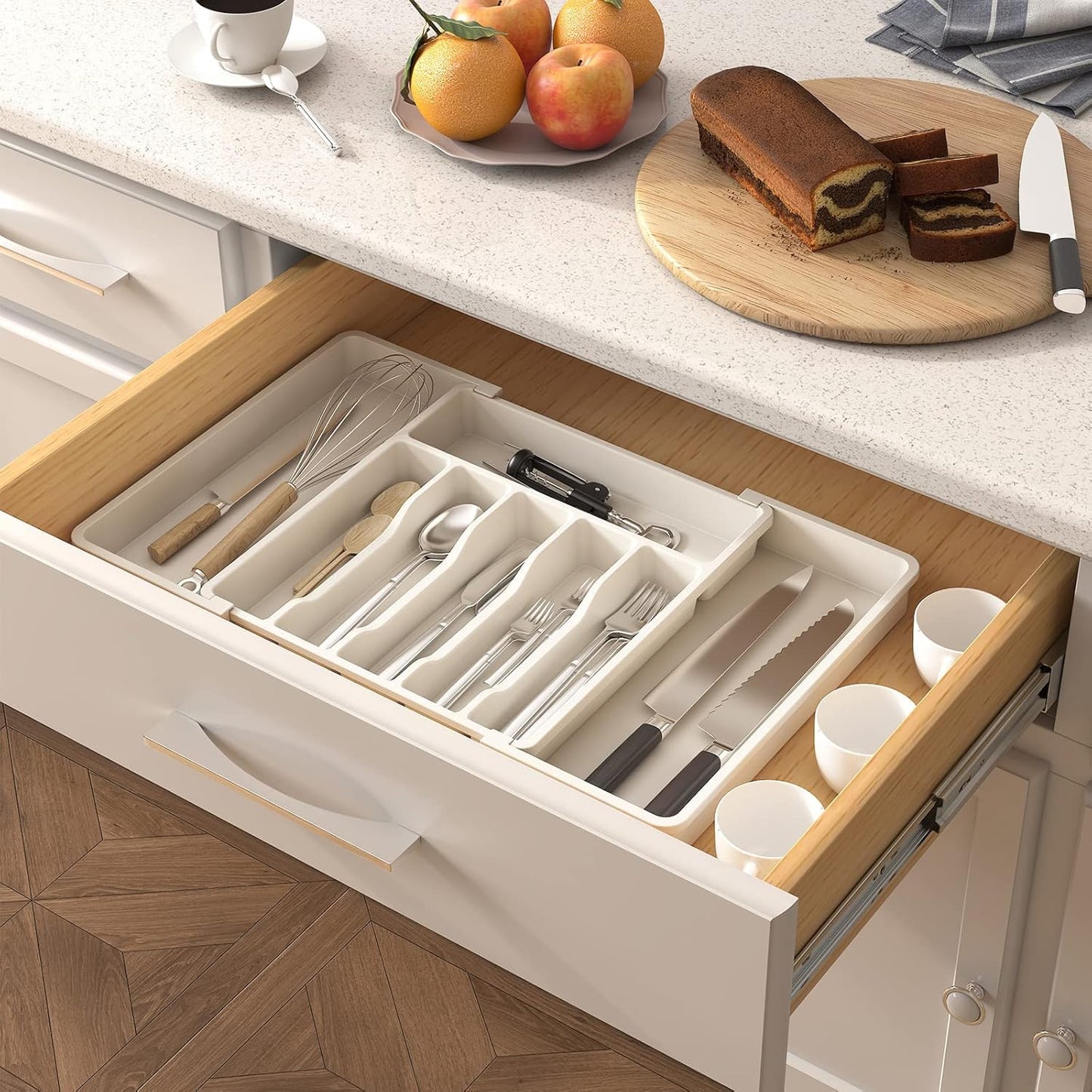 Retractable Kitchen Tableware Storage Tray for Shelf (White)