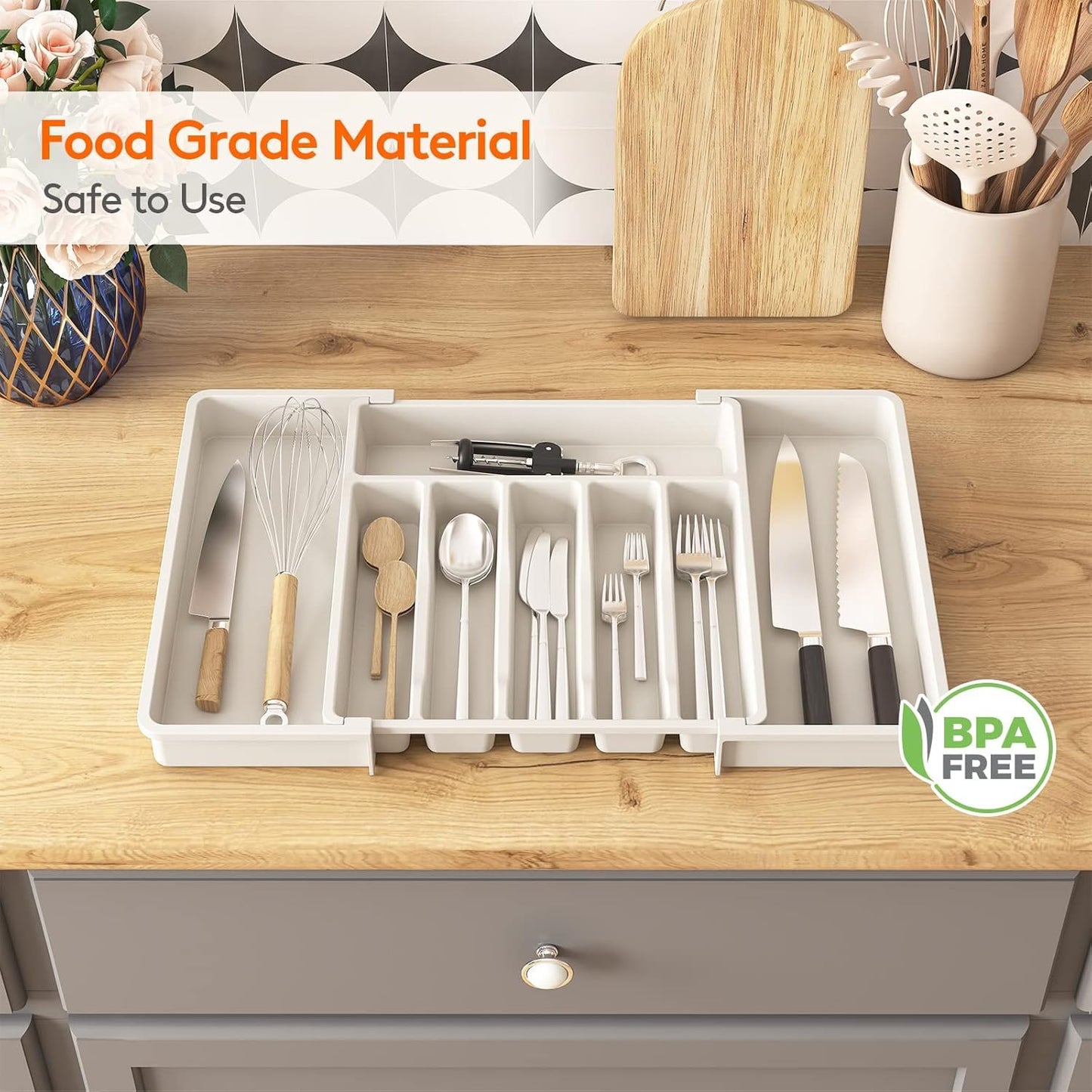 Retractable Kitchen Tableware Storage Tray for Shelf (White)