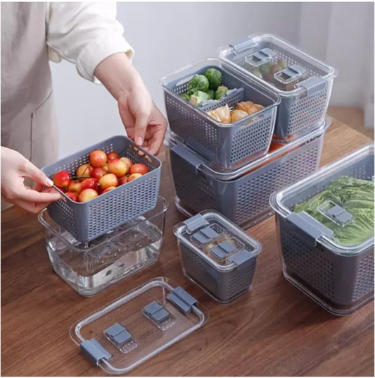 Kitchen Rani Freshkeeper Fridge Storage Container (2100 ML) – Stackable Produce Saver with Built-In Colander