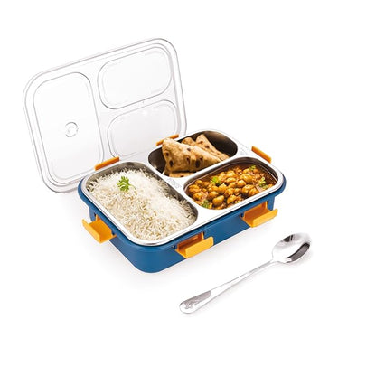 Kitchen Rani Stainless Steel Bento Lunch Box – 3-Compartment Leak-Proof Food Container with Cutlery Set