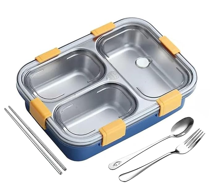 Kitchen Rani Stainless Steel Bento Lunch Box – 3-Compartment Leak-Proof Food Container with Cutlery Set