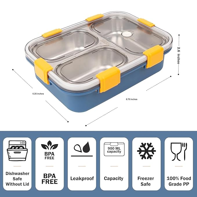 Kitchen Rani Stainless Steel Bento Lunch Box – 3-Compartment Leak-Proof Food Container with Cutlery Set