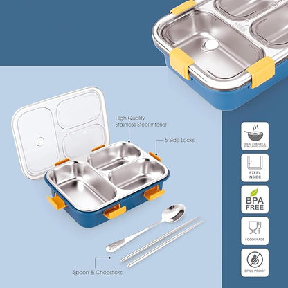 Kitchen Rani Stainless Steel Bento Lunch Box – 3-Compartment Leak-Proof Food Container with Cutlery Set