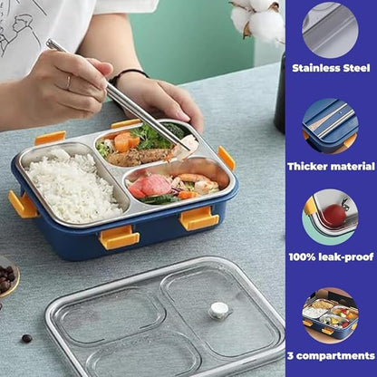 Kitchen Rani Stainless Steel Bento Lunch Box – 3-Compartment Leak-Proof Food Container with Cutlery Set