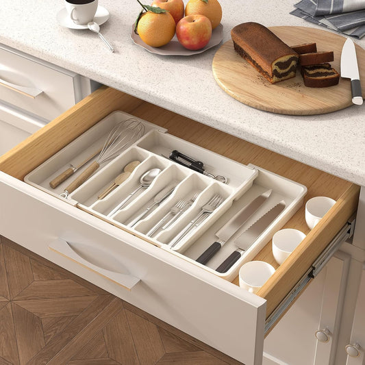 Retractable Kitchen Tableware Storage Tray for Shelf (White)