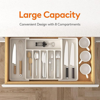Retractable Kitchen Tableware Storage Tray for Shelf (White)
