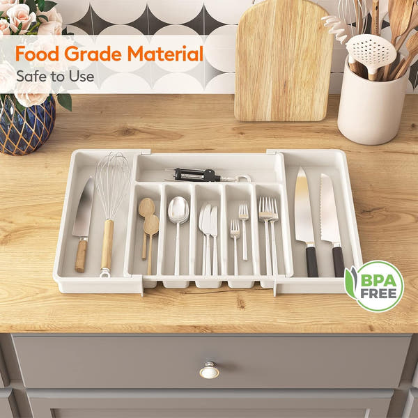 Retractable Kitchen Tableware Storage Tray for Shelf (White)