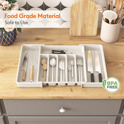 Retractable Kitchen Tableware Storage Tray for Shelf (White)